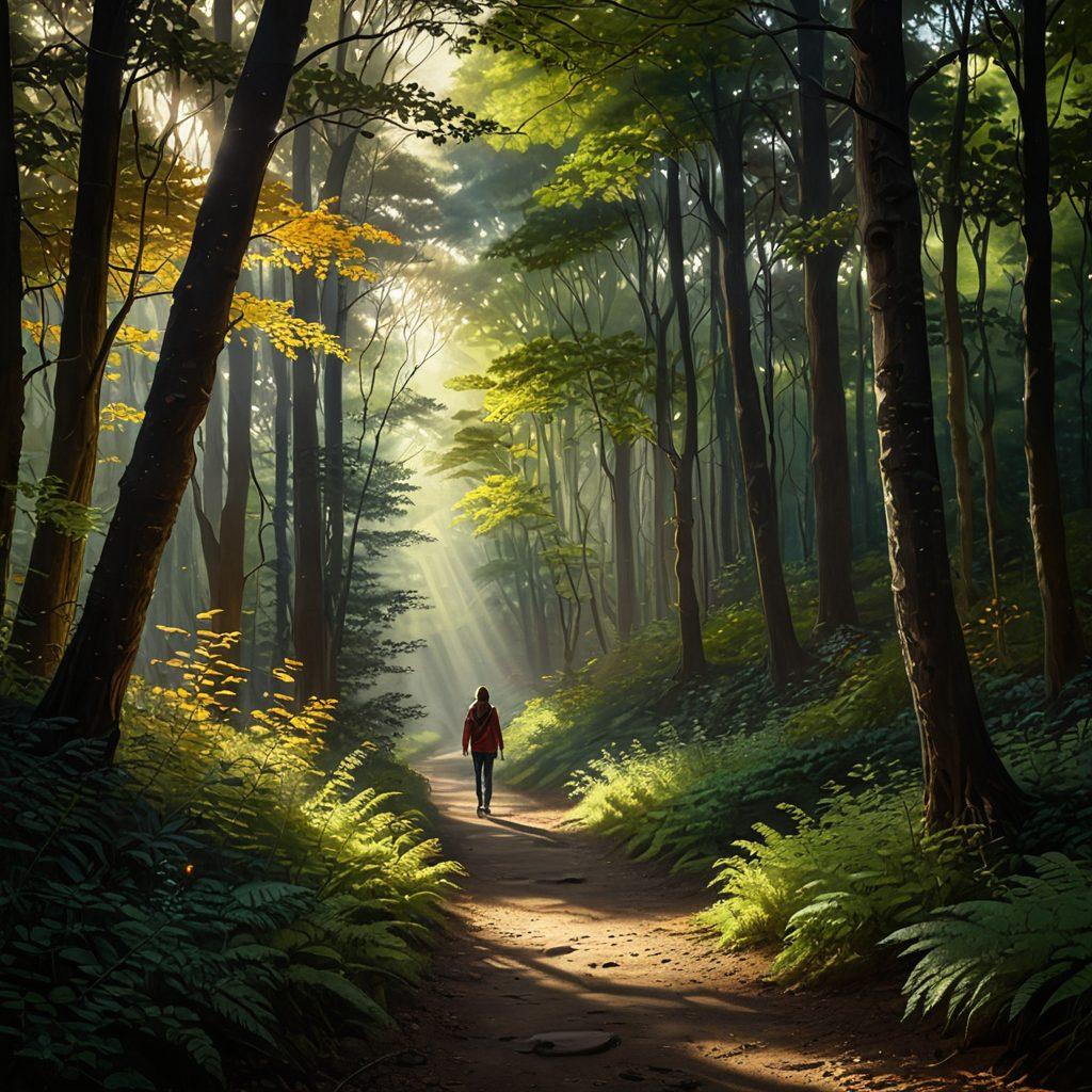 A serene pathway illuminated by soft, warm light breaking through dense, dark trees, symbolizing the transition from shadows to hope. A person is walking through this path, with a gentle expression of introspection and tranquility. Ethereal beams of light dance around, creating a magical atmosphere that evokes feelings of rebirth and healing. super-realistic. warm colors. ethereal glow.