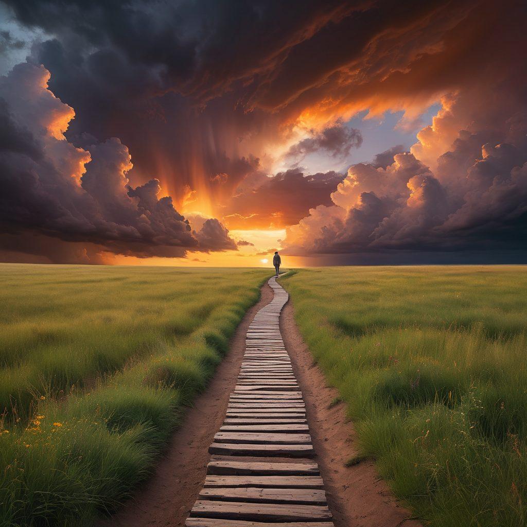 A solitary figure standing on a winding path, surrounded by dark storm clouds giving way to a bright sunrise, symbolizing transformation from despair to hope. The figure reflects a journey from sadness to resilience, with subtle imagery of broken chains in the foreground. Vibrant colors contrast the dark background, evoking an emotional yet uplifting atmosphere. painterly style. soft brush strokes. warm color palette.