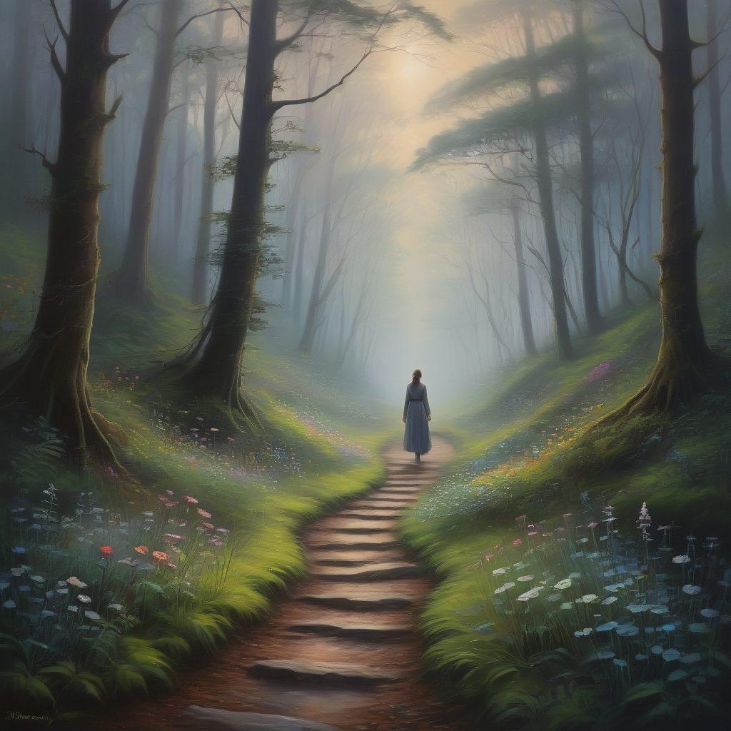 A serene, twilight scene of a winding path through a dark, enchanting forest filled with shadows and ethereal light filtering through the trees. A figure walks along the path, symbolizing a journey of introspection and healing, with hints of vibrant flowers emerging from the undergrowth, representing hope. Add a soft, misty atmosphere that evokes a sense of melancholy yet invites reflection. painting. muted colors. dreamlike quality.